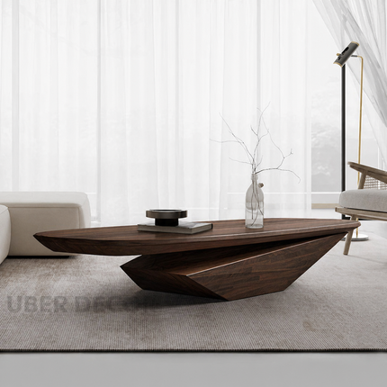 Colorado River Modern Sculptural Wooden Center Table with Geometric Base for Contemporary Living Rooms