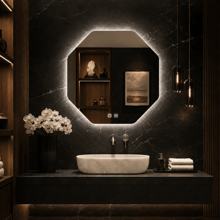 Savi Octagon Frameless LED Wall Mirror Available in Front or Back Lit for Bathroom Vanity and Modern Dressing Spaces