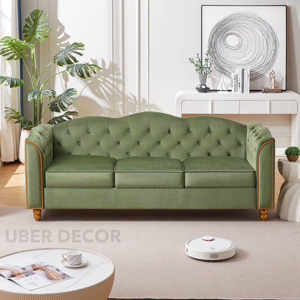 Madrid 78" Sofa -3 Seater Modern Large Upholstered Couch with Tufted Button Curved Back Rest & Golden Wood Legs