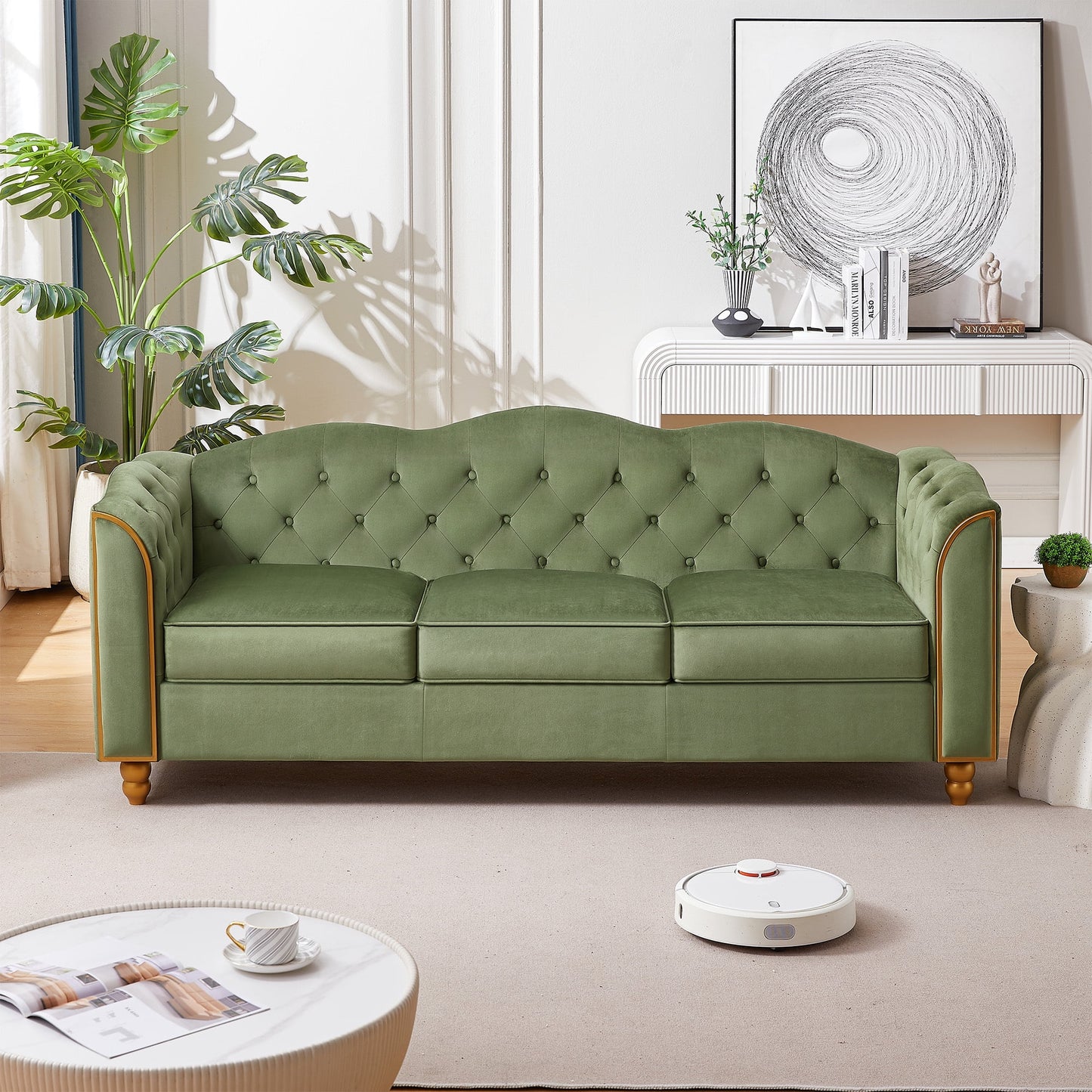 Madrid 78" Sofa -3 Seater Modern Large Upholstered Couch with Tufted Button Curved Back Rest & Golden Wood Legs