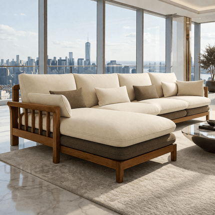 Duncan 4-Seater Japandi Style Wooden Frame L Shaped Sofa with Lounger for Living Room