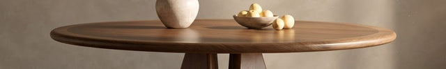 Terra Arc Round Dining Table Japandi Mid Century Modern Design Solid Wood Pedestal Legs