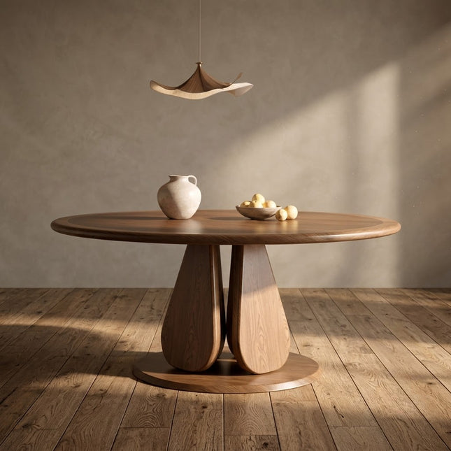 Terra Arc Round Dining Table Japandi Mid Century Modern Design Solid Wood Pedestal Legs