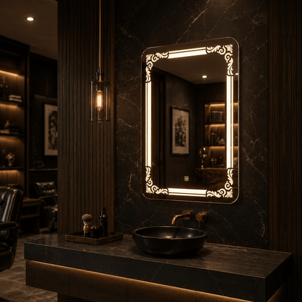 Arabella Ornate LED Mirror – Frameless Wall Hanging Mirror with Front or Back Lit for Vanity & Powder Room