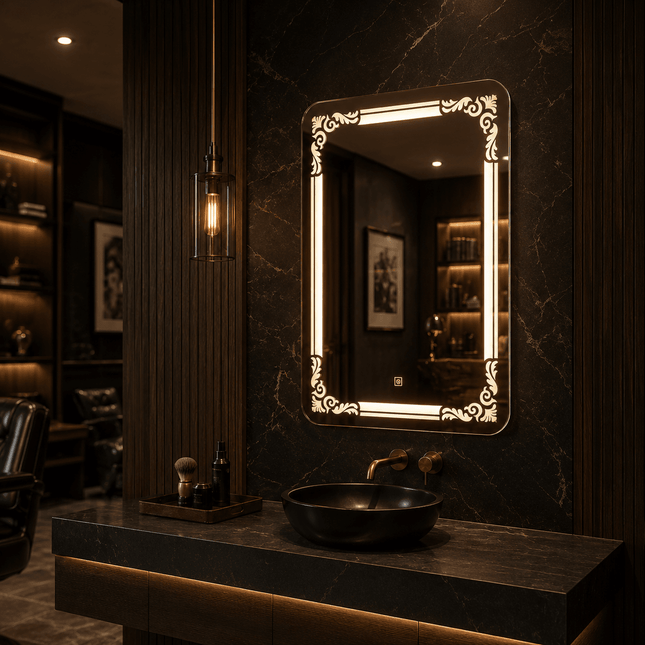 Arabella Ornate LED Mirror – Frameless Wall Hanging Mirror with Front or Back Lit for Vanity & Powder Room