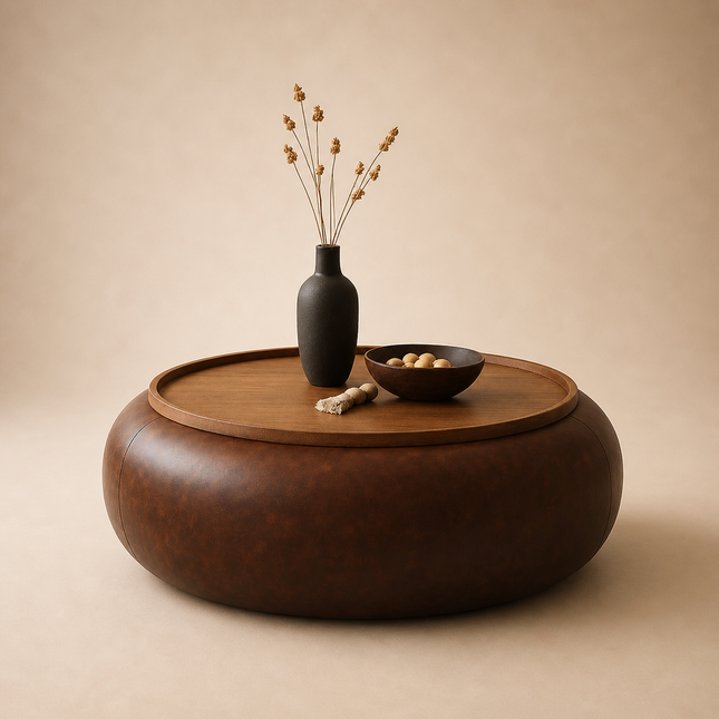 Lufira upholstered round coffee table with solid wood tray top low profile modern center table for lounge space and cozy interiors