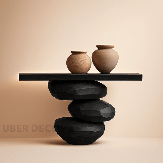 Noor Zen Balance Console Table – Minimalist Sculptural Japandi Console with Handcrafted Boulder Base for Entryway & Living Room