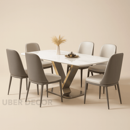 Silver Crest Mid-Century Modern Marble Dining Set Contemporary European Style with Custom Stone Top & Stainless-Steel Base, 6 Seater for Dining Room