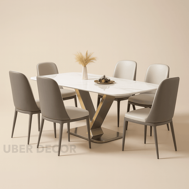 Silver Crest Mid-Century Modern Marble Dining Set Contemporary European Style with Custom Stone Top & Stainless-Steel Base, 6 Seater for Dining Room