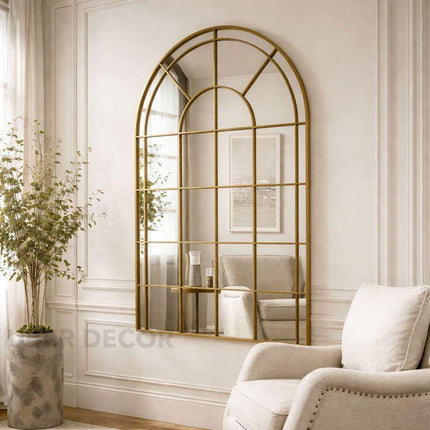 ArcVista Iron Window Pane Mirror | Simple Modern Arched Mirror with Metal Frame | Versatile Wall & Floor Placement