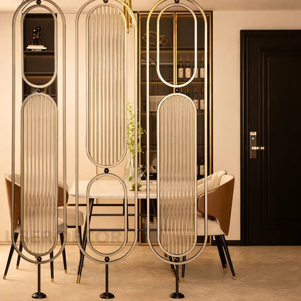 LIVO Stainless Steel Glass Column Room Divider With Vertical Framed Panels For Living Room Bedroom And Luxury Interior Spaces