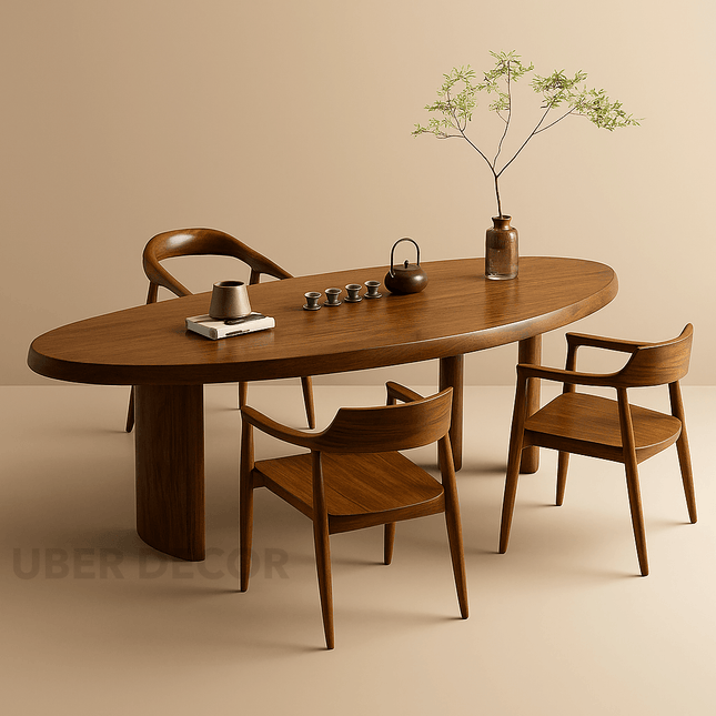 Amberhaven Wooden Dining Table Mid Century Modern Scandinavian Japandi Design Solid Wood Finish Pedestal Base Dining Table for Dining Room