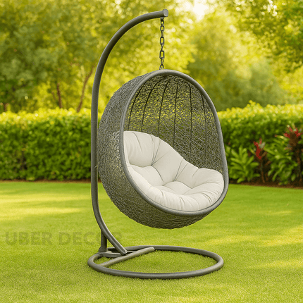 FernCove Cocoon Swing Chair – Textured Organic Weave | Boho Minimalist Form | Scandinavian Inspired | Balcony & Living Room Swing Chair for Gardens, Patios, Studies & Terraces