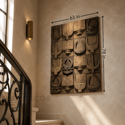 Ancestral Grid Afro Modern Wood Wall Art – Symbol Relief Sculpture