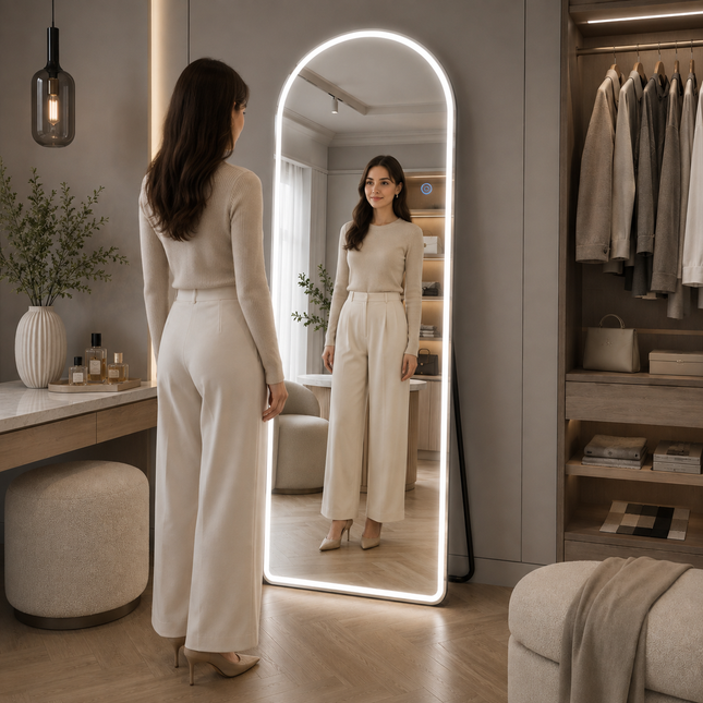 Arcelia Arched Frameless LED Full-Length Mirror – Front or Back Lit with 3-Colour Touch Control