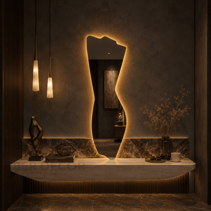 Silka Abstract Frameless LED Wall Hanging Mirror with Front or Back Lit for Bathroom Vanity and Modern Interiors