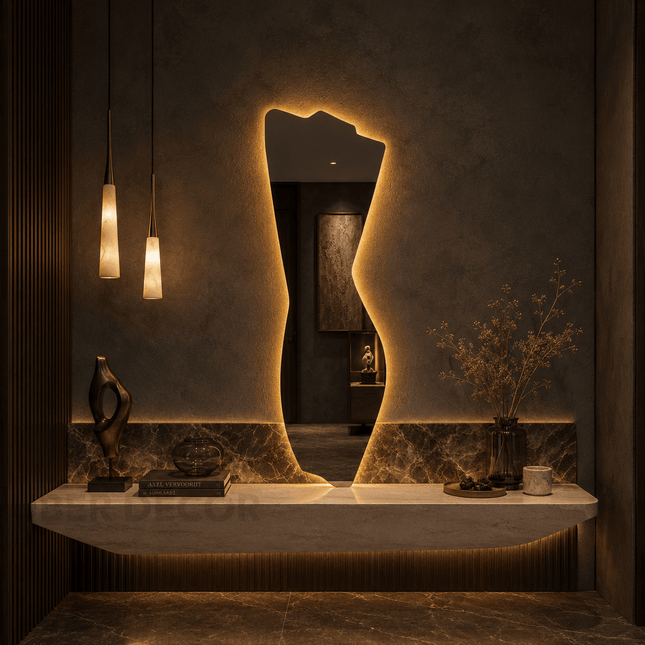 Silka Abstract Frameless LED Wall Hanging Mirror with Front or Back Lit for Bathroom Vanity and Modern Interiors