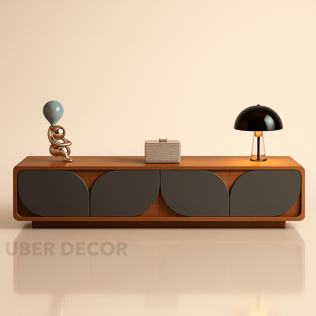Zayrah Flow – Designer TV Cabinet, Mid Century Modern Console, American Inspired Walnut Finish, Closed Base, Living Room TV Unit Console