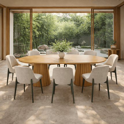 Cora Linea Oval Dining Table Modern European Design Dual Pedestal Base Ideal for Dining Room