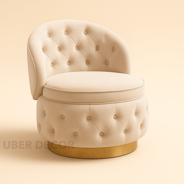 Lyssara- 360 Degree Swivel Tufted Barrel Accent Chair with Round Base, Curved Back and Storage Space
