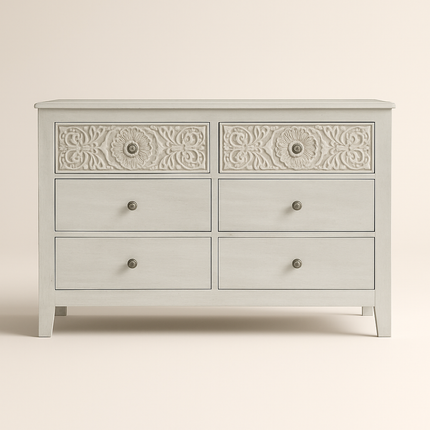 Serenity Scroll 6-Drawer Chest – Hand-Carved Floral Solid Wood Cabinet, French Vintage Whitewash & Custom Finish Options for Bedroom, Living Room & Entryway