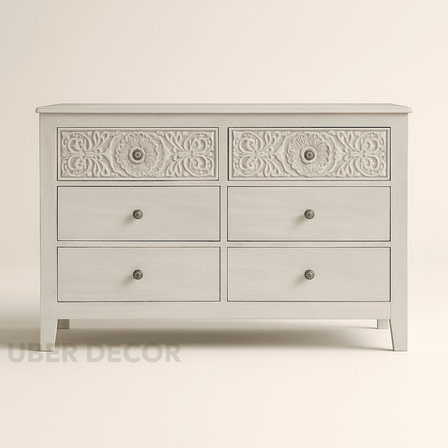 Serenity Scroll 6-Drawer Chest – Hand-Carved Floral Solid Wood Cabinet, French Vintage Whitewash & Custom Finish Options for Bedroom, Living Room & Entryway - Uber Decor