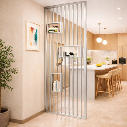 AMAYA Stainless Steel Vertical Slat Room Divider Room Partition With Display Shelves For Living Room Dining Area And Study Room