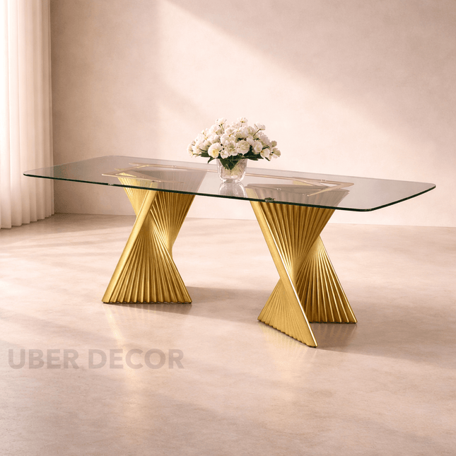 Gildhaven Glass Top Dining Table Modern Luxury Design with Sculptural Pedestal Base for Dining Room