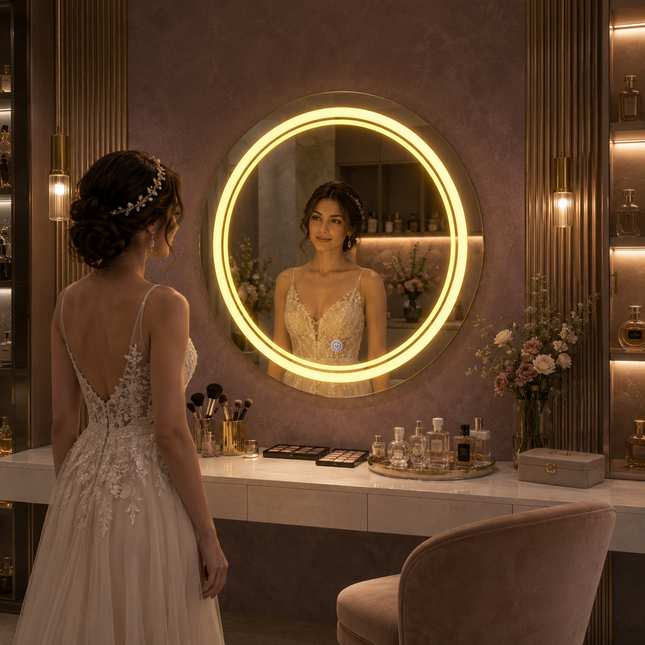 Reflecia Round Cirlce Design led mirror front or back lit  touch button frameless bathroom vanity mirror