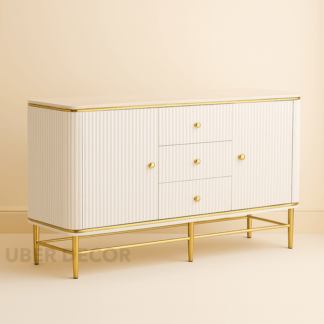 Celestia Pearl Harmony Console Table – Custom Marble Top with Fluted White Lacquer Cabinet and Gold Frame Mid‑Century Modern For Living Room, Bedroom & Entryway