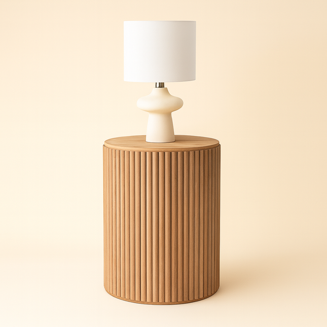 The Naya Column – Custom Fluted Cylindrical Wooden Storage Side Table in Mid Century Modern Scandinavian Style for Living Room or Bedroom
