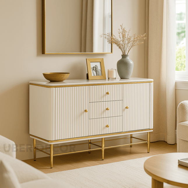 Celestia Pearl Harmony Console Table – Custom Marble Top with Fluted White Lacquer Cabinet and Gold Frame Mid‑Century Modern For Living Room, Bedroom & Entryway