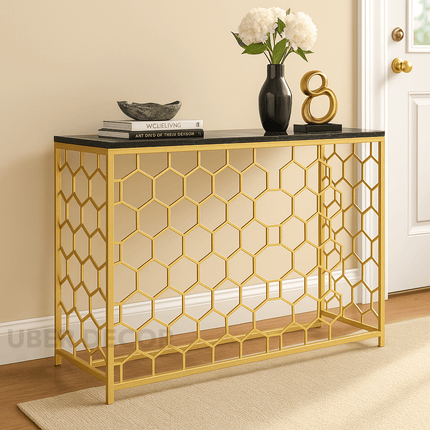 Honeycomb Luxe Entryway Console – Custom Top in Wood or Marble with Hexagonal Metal Frame Mid‑Century Glam Accent