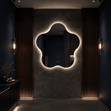 Petunia Floral LED Wall Mirror with Frameless Wall Hanging Front or Back Lit for Bathroom Vanity and Modern Interiors