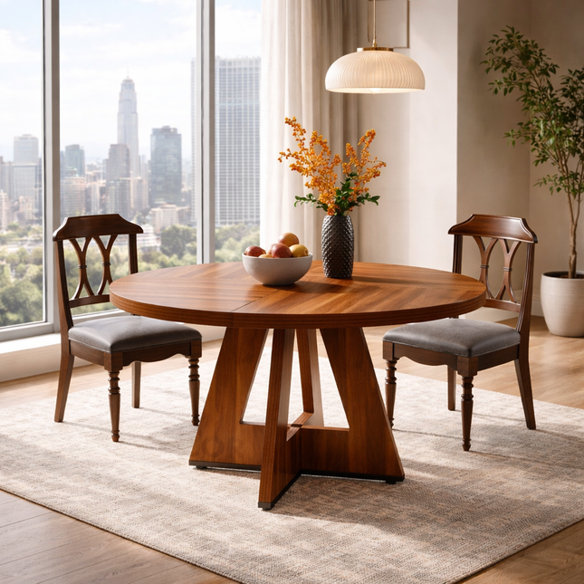 Autumn Circle Round Solid Wood Dining Table Classic Contemporary Design with Sculptural Wooden Pedestal Base for Dining Room