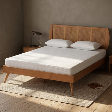 OakBend Wabi-Sabi Curved Rattan Platform Bed – Japandi Customisable Wooden Bed for Guest Bedrooms