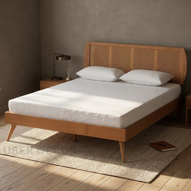 OakBend Wabi-Sabi Curved Rattan Platform Bed – Japandi Customisable Wooden Bed for Guest Bedrooms