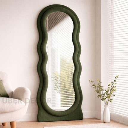 Wavy Symphony Upholstered Full-Length Bedroom Mirror- Modern Wavy Irregular Arched Mirror
