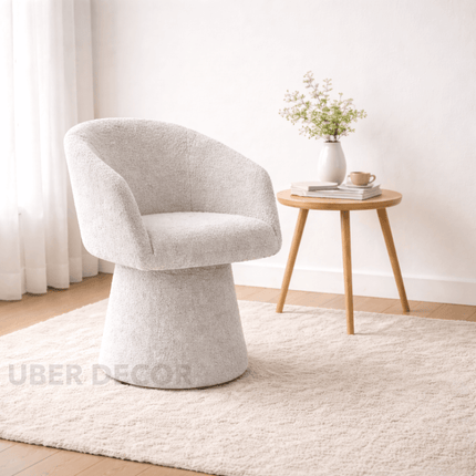 Lumi Modern Barrel Chair with Curved Silhouette and Sculptural Base Ideal for Living Room Lounge or Dining Spaces