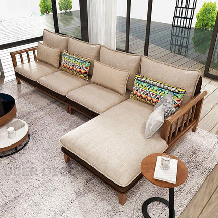 Duncan 4-Seater Japandi Style Wooden Frame L Shaped Sofa with Lounger for Living Room