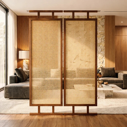 NATRA Handcrafted Wooden Rattan Room Divider with Sliding Panel Design for Living Rooms, Bedrooms & Custom Interior Spaces