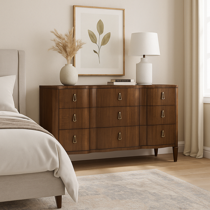 Lusanne Curved Front 9-Drawer Mid-Century Modern American Walnut Cabinet for Living Room, Bedroom & Entryway