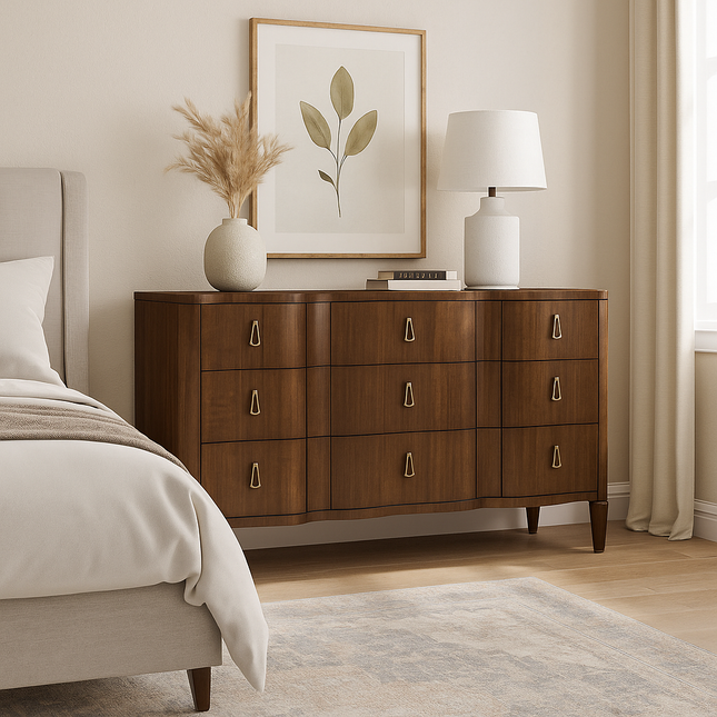 Lusanne Curved Front 9-Drawer Mid-Century Modern American Walnut Cabinet for Living Room, Bedroom & Entryway