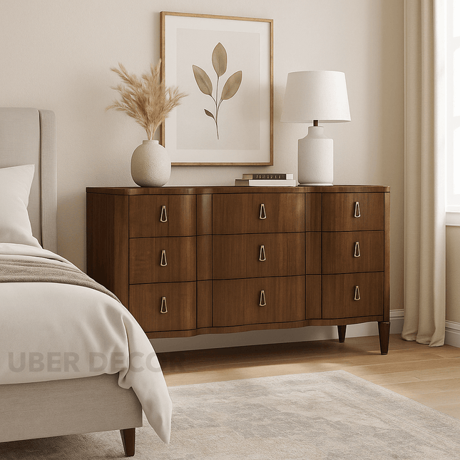 Lusanne Curved Front 9-Drawer Mid-Century Modern American Walnut Cabinet for Living Room, Bedroom & Entryway - Uber Decor