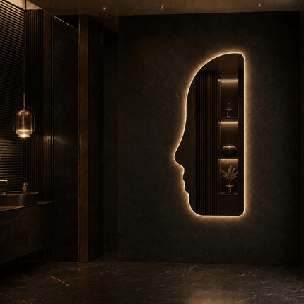 Persona Face Silhouette Frameless LED Wall Mirror with Front or Back Lit for Bedroom Vanity and Modern Interiors