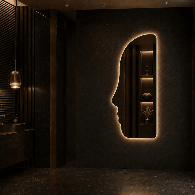 Persona Face Silhouette Frameless LED Wall Mirror with Front or Back Lit for Bedroom Vanity and Modern Interiors