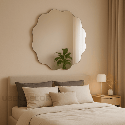 Scallop Serenity Asymmetric Frameless Round Wall Mirror- Aesthetic Ripple Shaped Circular Mirror for Wall Decor
