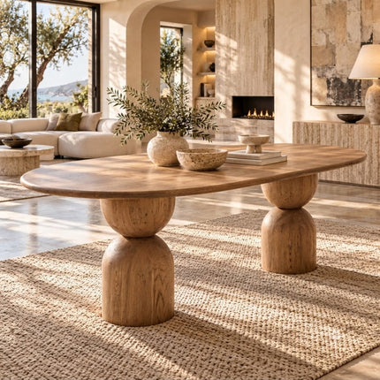 Avelor Oval Dining Table Natural Oak Finish Sculptural Double Pedestal Ready to Ship Modern Dining Table for Dining Room
