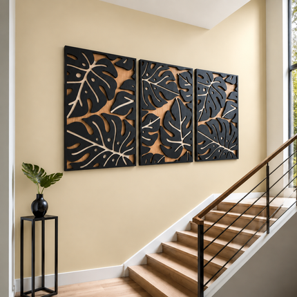Tropical Leaf Trio Boho Wooden Wall Art Set of 3 – Botanical Panels