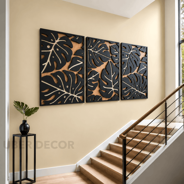 Tropical Leaf Trio Boho Wooden Wall Art Set of 3 - product image 1